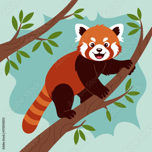 Playful Red Panda Climbing a Tree Illustration