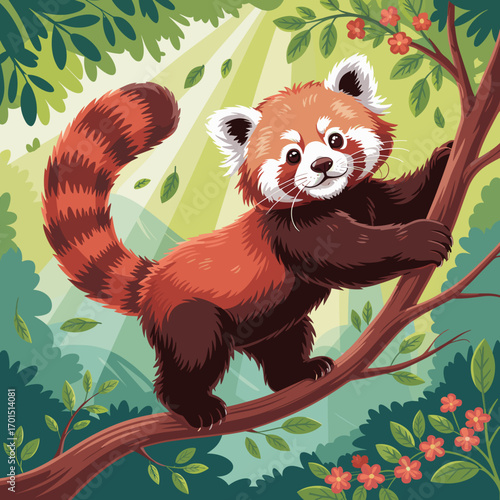 Playful Red Panda Climbing a Tree Illustration