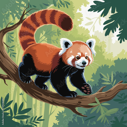 Playful Red Panda Climbing a Tree Illustration