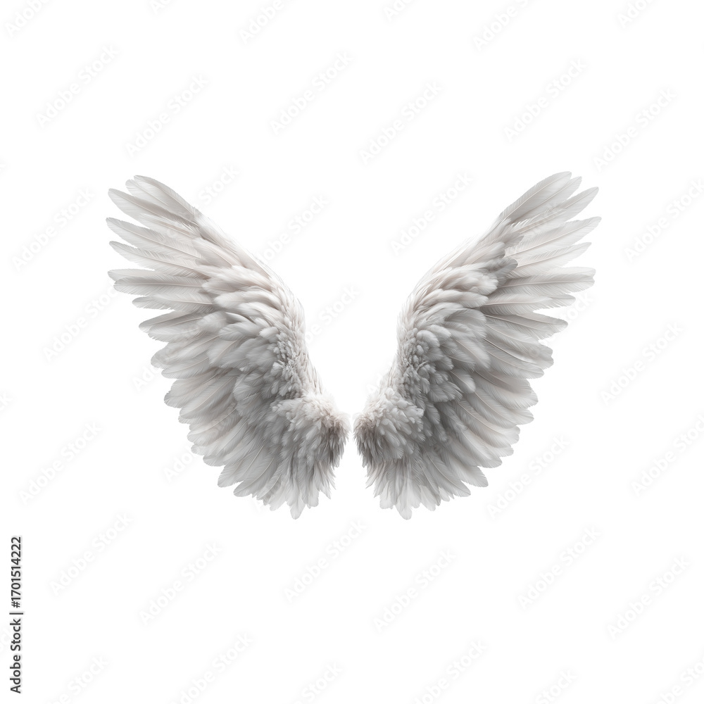 Naklejka premium white feathered angel wings isolated on a white background, detailed illustration, high-resolution, professional photograph. the ultra-high-resolution photo was captured with the best camera in the wo