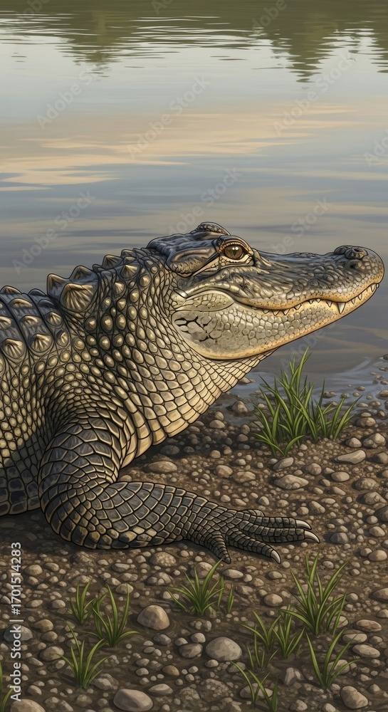 Fototapeta premium Detailed illustration of an American Alligator resting on a rocky riverbank with calm water reflections and green grass, showcasing its scaly texture and serene natural habitat.