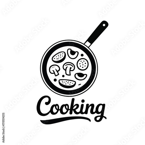 Black and White Frying Pan Cooking Illustration with Vegetables, Mushrooms, and Tomato Slices ? Minimalist Culinary Art for Food Design and Kitchen Branding