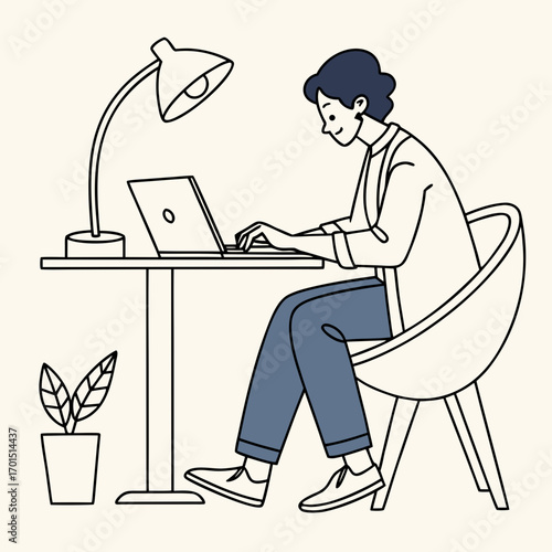 illustration of Office Worker Reviewing Documents at a Desk"