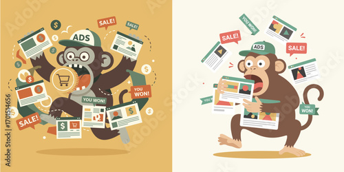 Flat minimalist vector illustration of a greedy monkey wearing a cap labeled “ADS”, surrounded by floating pop-up ads, sale signs, and “You Won!” banners.