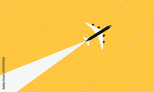 Illustration of simple airplane travel opens the background behind itself. Banner for a trip abroad on vacation. Copy space and negative space.