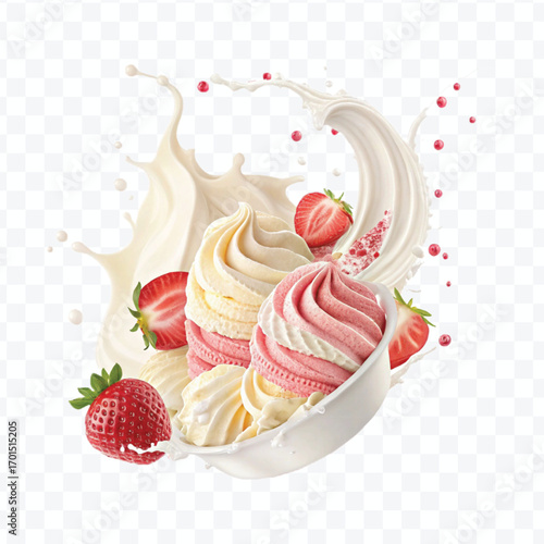 realistic creamy vanilla and strawberry ice cream scoops with milk splash isolated on transparent background