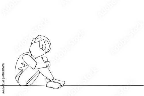 Single one line drawing boy sitting with bent legs and crossed arms. Loneliness as an only child. Super busy parents. Childhood Depression Awareness Day. Continuous line design graphic illustration