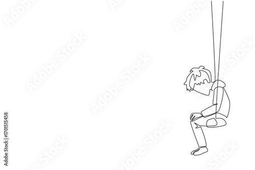 Continuous one line drawing boy sitting hunched over on a swing. His abilities make him friendless. Very lonely. Alone. Childhood Depression Awareness Day. Single line draw design vector illustration