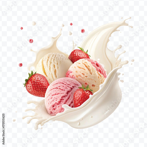 realistic creamy vanilla and strawberry ice cream scoops with milk splash isolated on transparent background