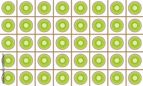 White background vector with repeating kiwi and box lines for a healthy food theme background or about fruit ingredients