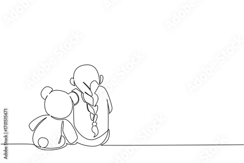 Continuous one line drawing girl sitting bowed on the floor accompanied by teddy bear. Sadness makes the uncomfortable. Childhood Depression Awareness Day. Single line draw design vector illustration