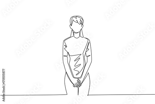 Single one line drawing woman holds her vital parts with both hands. Increased frequency of urination. Recognize the symptoms. Bladder Cancer Awareness Day. Continuous line design graphic illustration