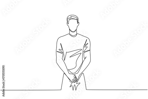 Continuous one line drawing man holds his vital parts with both hands. Having big addiction to cigarettes. Destructive habits. Bladder Cancer Awareness Day. Single line draw design vector illustration
