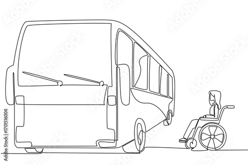 Continuous one line drawing woman sits in a wheelchair next to the bus and looks at the bus. Difficulties in modern times. National Barrier Awareness Day. Single line draw design vector illustration