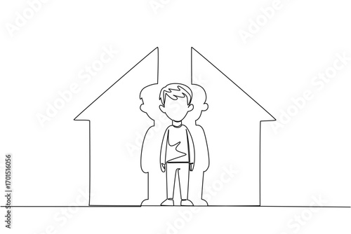 Single continuous line drawing a boy looking down and a house shaped puzzle. Symbolism of incomplete affection when in the house. Sad. National Foster Care Day. One line design vector illustration