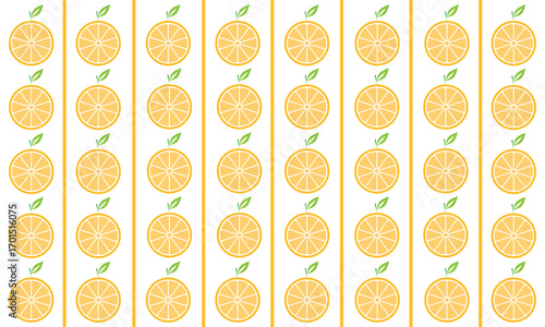 White background vector with repeating orange fruit and lines for a healthy food theme background or about fruit ingredients