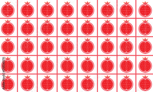 White background vector with repeating pomegranate and box lines for a healthy food theme background or about fruit ingredients