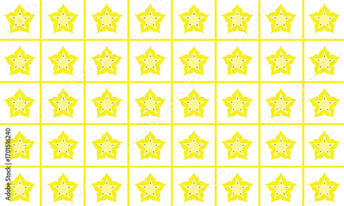 White background vector with repeating star fruit and box lines for a healthy food theme background or about fruit ingredients