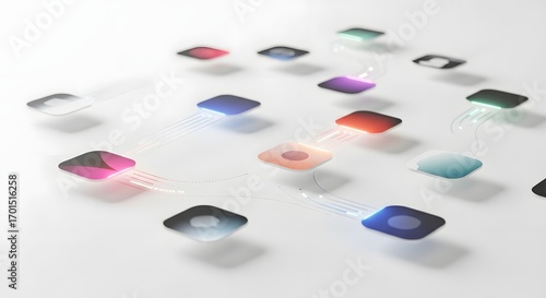 Futuristic Digital Interface with Colorful Nodes and Connecting Lines on White Background