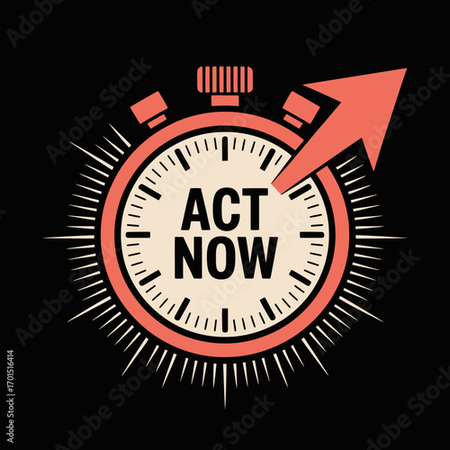 Urgency concept stopwatch icon with arrow and act now text symbolizing fast action and immediate opportunity for business growth vector