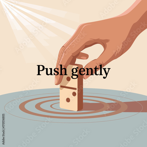 Gentle hand pushing domino gently on surface causing ripples symbolizing care and delicate action and thoughtful approach vector