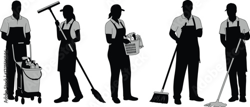 Silhouette, cleaner, janitor, mop, broom, laundry basket, cleaning cart, squeegee, supplies, hygiene, service, uniform, teamwork, indoor, maintenance, chore