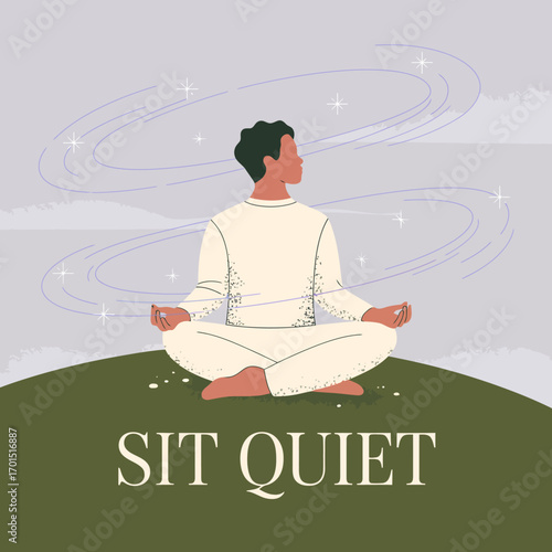 Meditating man peaceful serene calm yoga pose outdoors nature hilltop serenity mindful relaxation wellness spirituality vector
