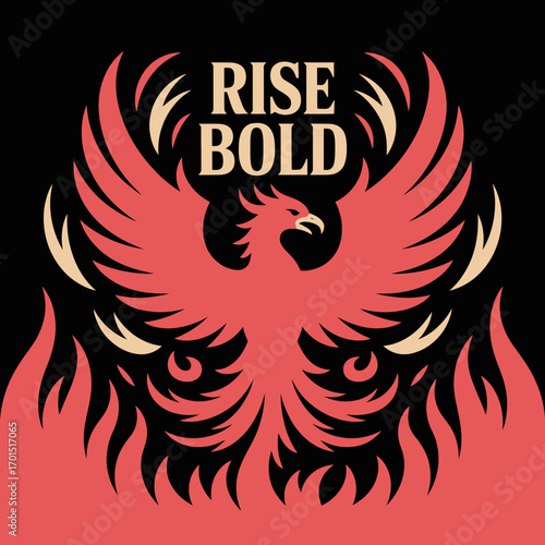 Bold phoenix ascending from flames symbolizing resilience and rebirth motivational design for creative projects vector