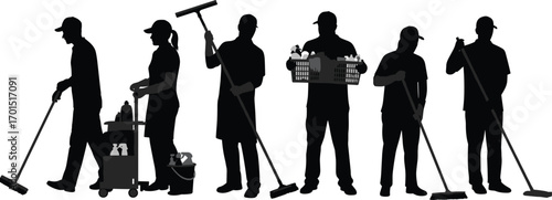 Silhouette, cleaner, janitor, mop, broom, squeegee, cleaning cart, basket, supplies, hygiene, service, uniform, teamwork, indoor, maintenance, chore