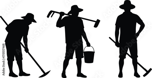 Silhouette, farmer, hoe, bucket, agriculture, manual labor, rural worker, field, farming, tool, teamwork, harvest, outdoor, summer, traditional, lifestyle