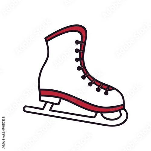 A classic white figure skate with red trim and laces isolated on a black background perfect for winter sports and activities