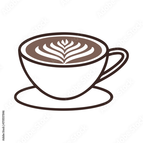 Stylized illustration of a white coffee cup with latte art on a saucer against a black background