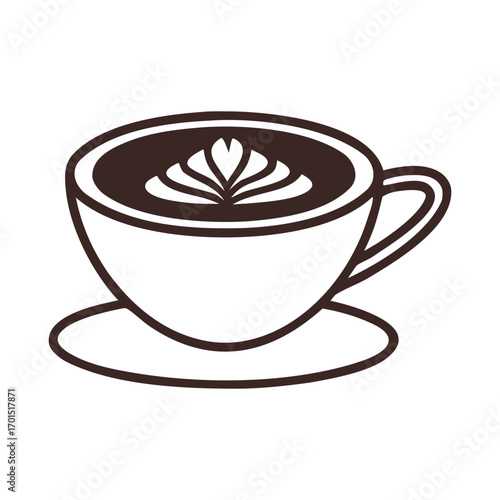 Stylized illustration of a white coffee cup with dark brown coffee and latte art on a matching saucer against a black background