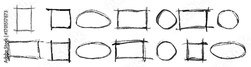 Black charcoal frames, sketched empty borders for texts and images, freehand graphic design elements. Vector illustration.