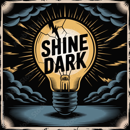 Cracked light bulb glowing with 'shine dark' text symbolizing resilience hope and unconventional brilliance amidst adversity and shadow vector