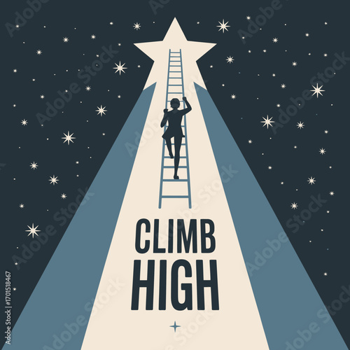 Silhouette figure ascends ladder towards radiant star symbolizing ambition success achievement and reaching goals in cosmic night sky vector
