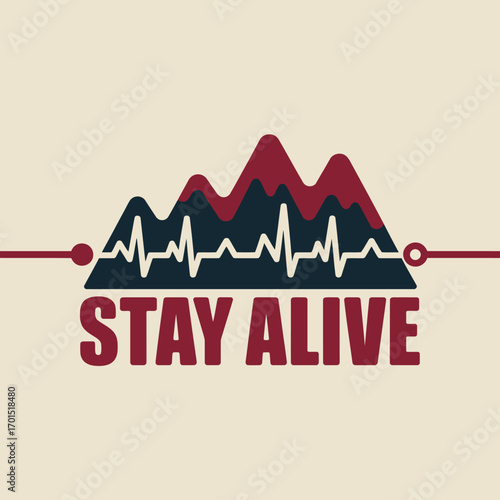Mountainous landscape integrated with heartbeat line and stay alive text for outdoor adventure and health awareness concepts vector