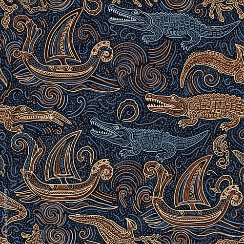 Intricate vector illustration of Viking ships and crocodiles in a seamless repeating pattern design., seamless pattern, Stock royalty image.