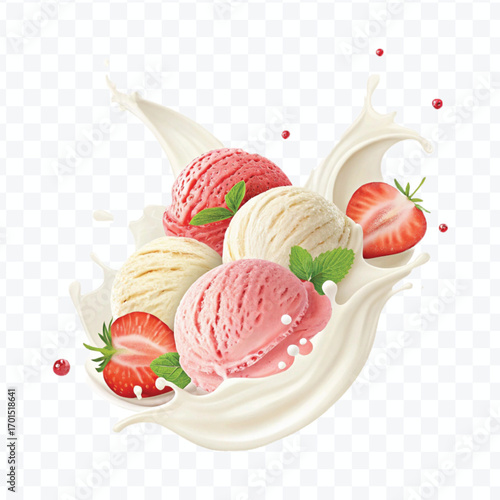 realistic creamy vanilla and strawberry ice cream scoops with milk splash isolated on transparent background