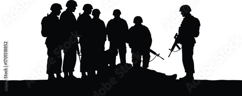 Soldier, silhouette, fallen, military, rifle, helmet, comrades, mourning, war, loss, honor, battlefield, pose, group, emotion, tribute
