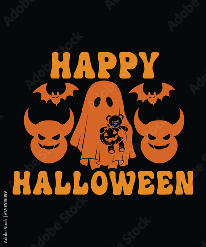 Cute Ghost with Teddy Bear, Evil Faces, Bats and Happy Halloween Text.