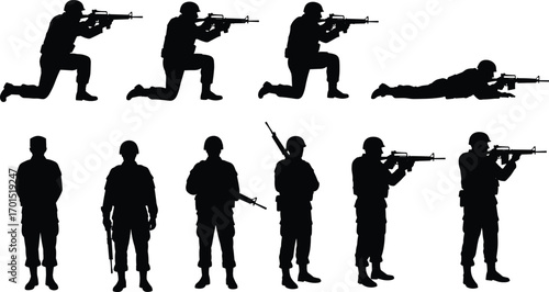 Soldier, silhouette, military, rifle, combat, pose, tactical, stance, uniform, weapon, aim, crouch, stand, prone, defense, formation