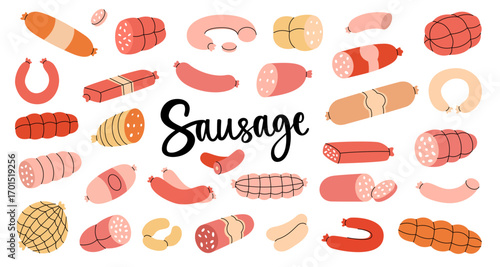 Sausages set. Fresh raw sausages. Butchery menu design template for food market, ecommerce, products promotion. Vector illustration.