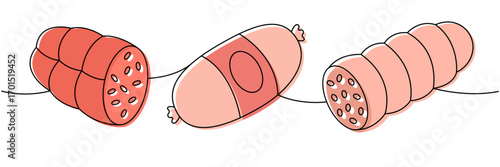 Doctors sausage, chicken sausage one line colored continuous drawing. Fresh raw sausages. Vector illustration