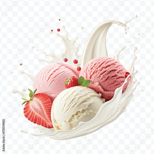 realistic creamy vanilla and strawberry ice cream scoops with milk splash isolated on transparent background
