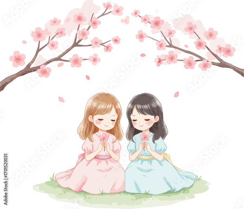 Watercolor Anime Girl Illustration with Cherry Blossoms and Minimal Background in High Resolution
