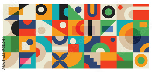 Geometric patterns with abstract shapes and forms. Retro banner, decorative art, colorful square tiles. Vector illustration.