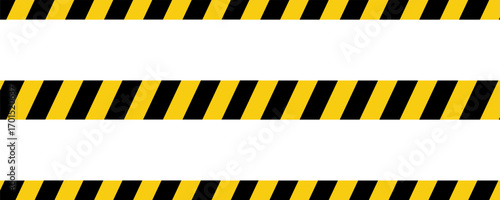 Warning tape with yellow and black diagonal stripes. Warn stop seamless line. Yellow and black caution tape border eps 10