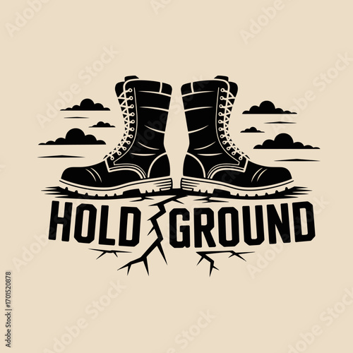 Heavy duty combat boots stand firm on cracked earth symbolizing resilience determination and holding ground with determination vector