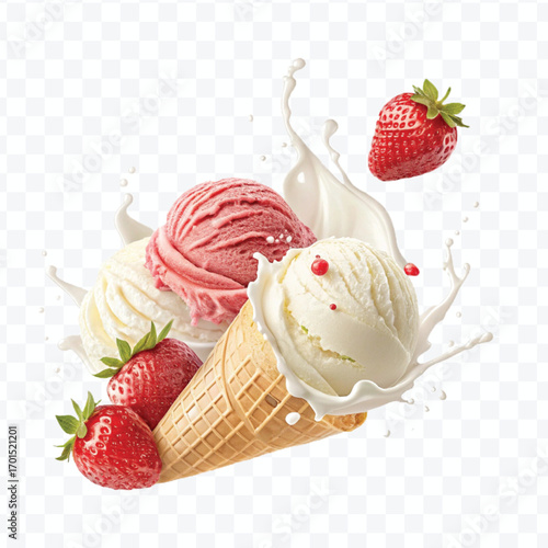 realistic creamy vanilla and strawberry ice cream scoops with milk splash isolated on transparent background